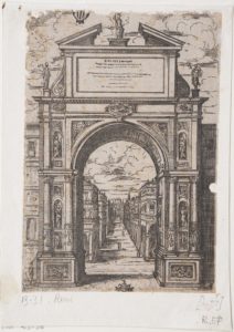 Arco trionfale con la statua di Minerva  (da Descrittione degli apparati fatti in Bologna per la venuta di n. s. papa Clemente VIII, Bologna, Benacci, 1598)